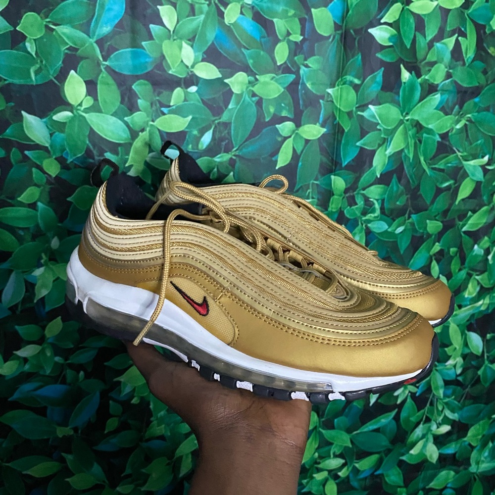 Gold and White Sneakers with Red Detail